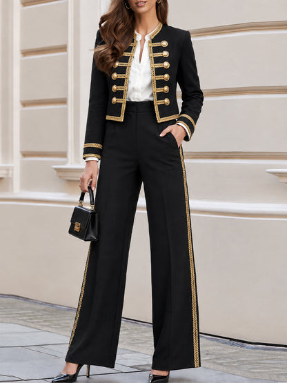 Tailleur pantalone nero stile militare con trecce decorative Zafren