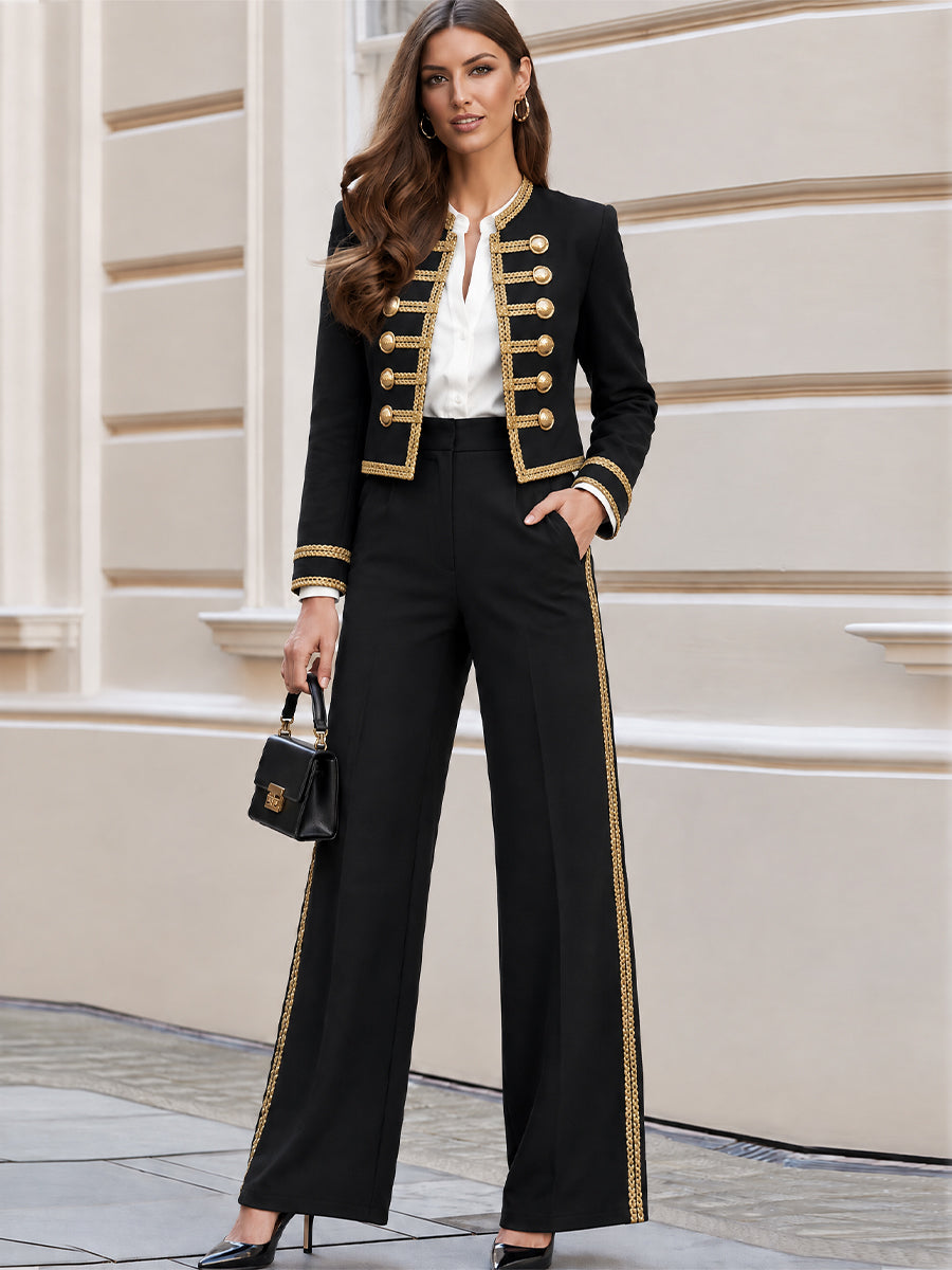 Tailleur pantalone nero stile militare con trecce decorative Zafren
