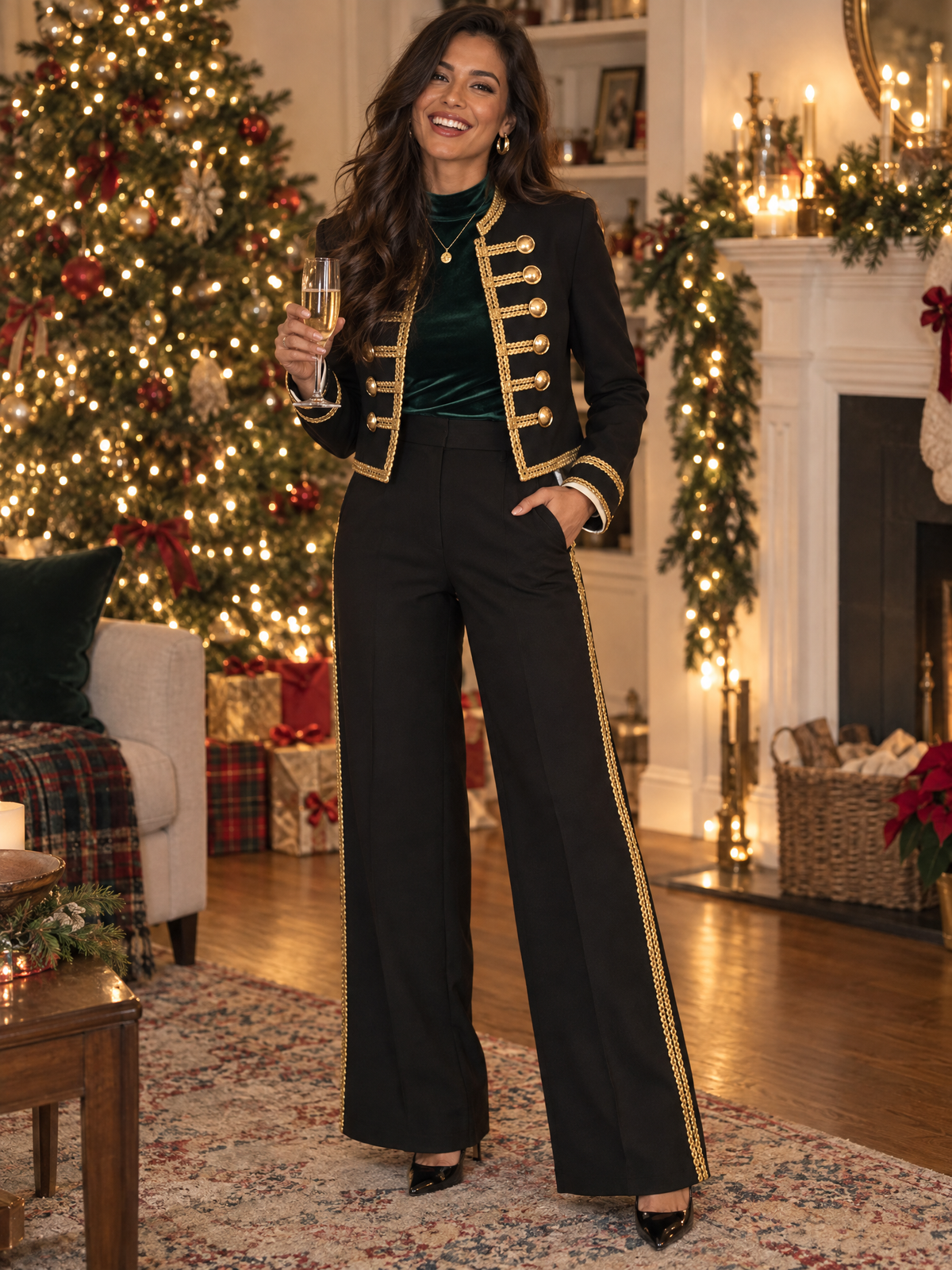 Tailleur pantalone nero stile militare con trecce decorative Zafren