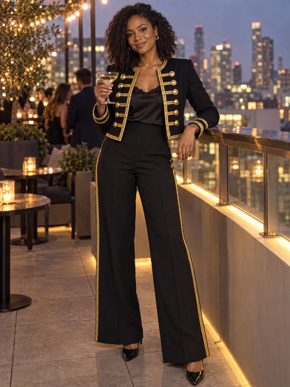 Tailleur pantalone nero stile militare con trecce decorative Zafren