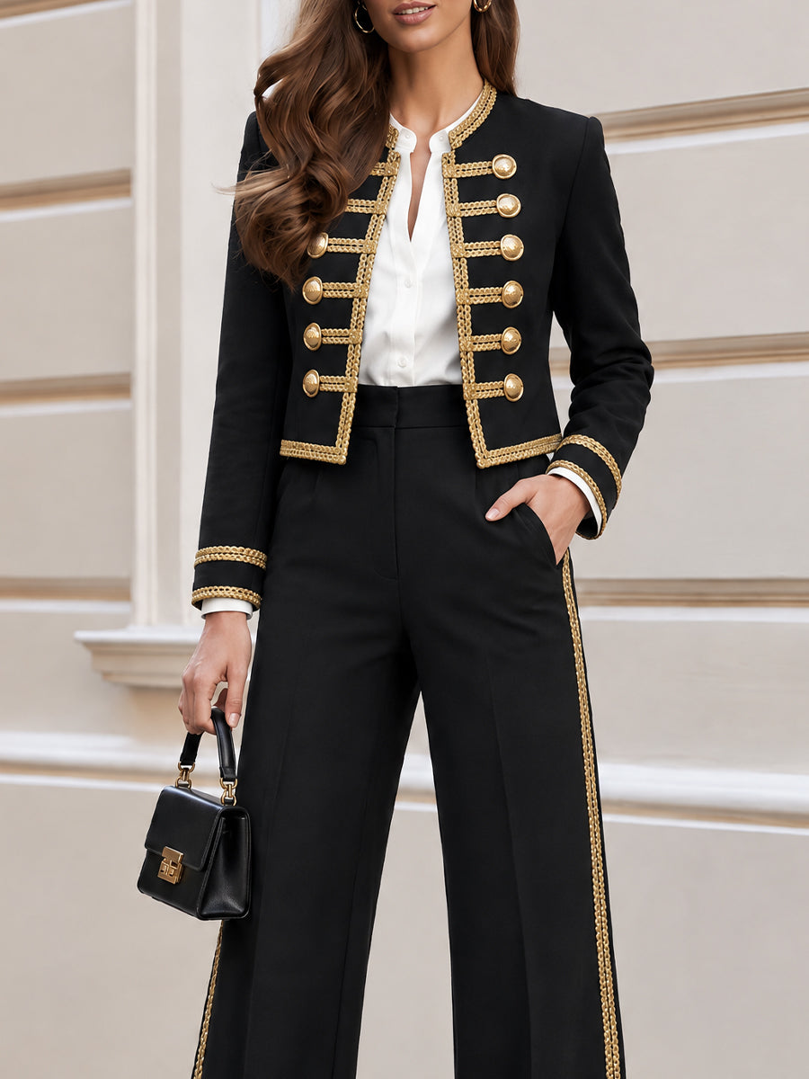 Tailleur pantalone nero stile militare con trecce decorative Zafren