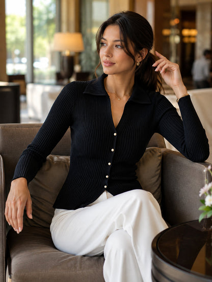 Maglione polo Zafren nero con bottoni di perla