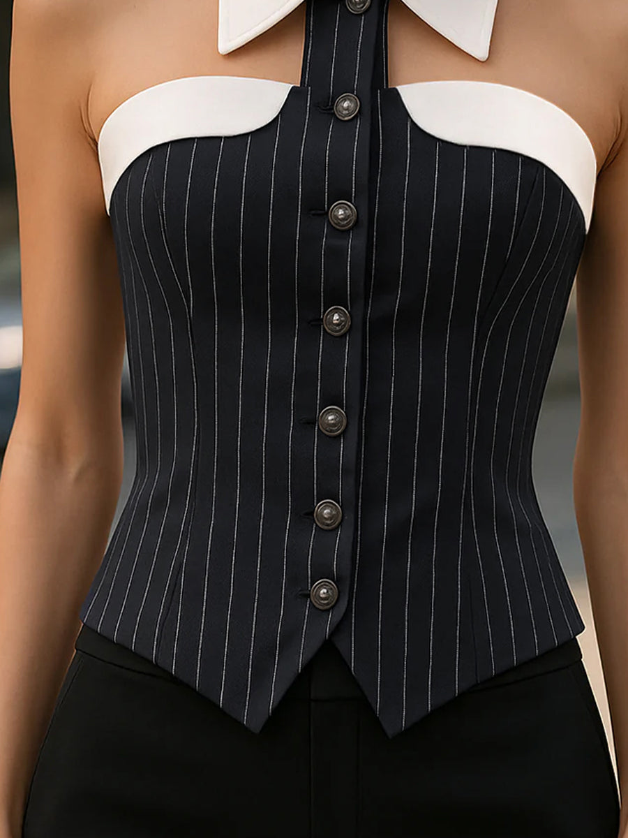 Haut corset noir Zafren à fines rayures et à licou
