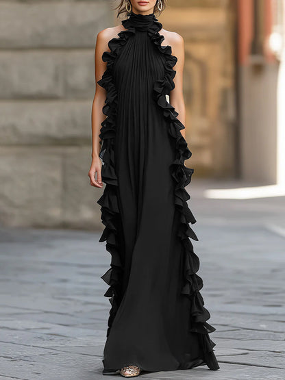 Robe de soirée Zafren noire en mousseline à col licou et volants