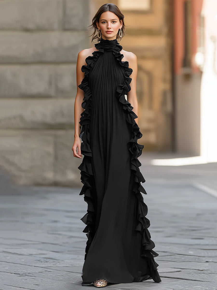 Robe de soirée Zafren noire en mousseline à col licou et volants