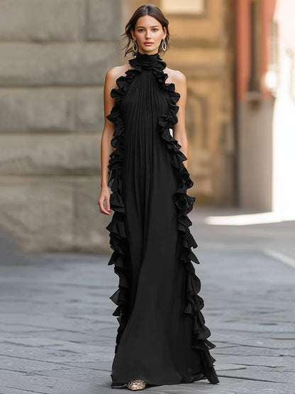 Robe de soirée Zafren noire en mousseline à col licou et volants