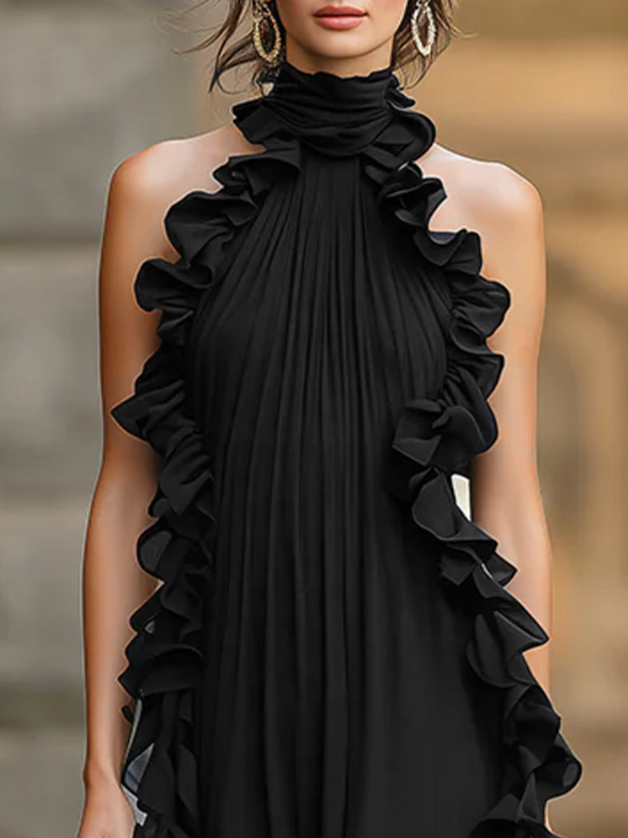 Robe de soirée Zafren noire en mousseline à col licou et volants