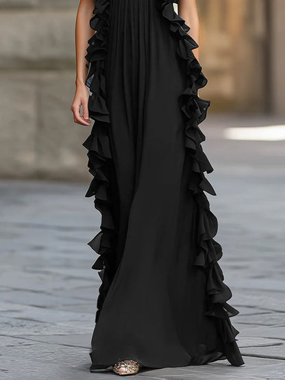 Robe de soirée Zafren noire en mousseline à col licou et volants
