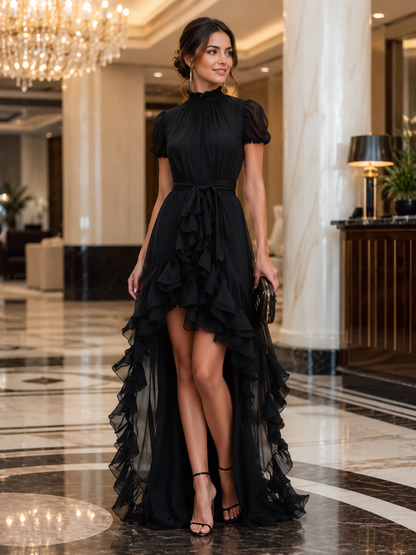 Robe longue noire asymétrique à volants Zafren