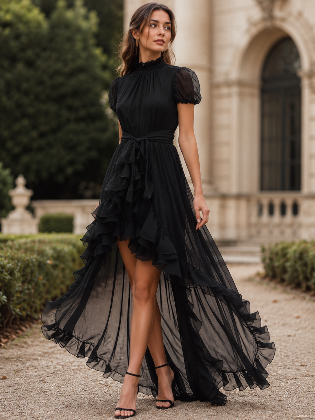 Robe longue noire asymétrique à volants Zafren