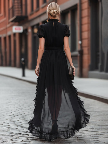 Robe longue noire asymétrique à volants Zafren
