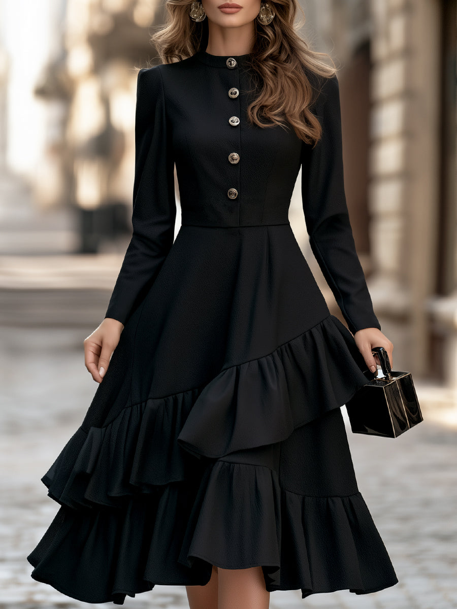 Robe Zafren noire boutonnée à volants étagés