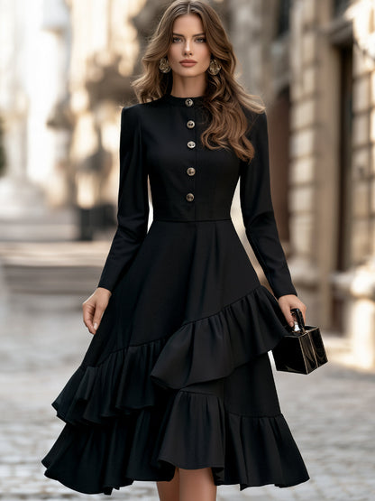 Robe Zafren noire boutonnée à volants étagés