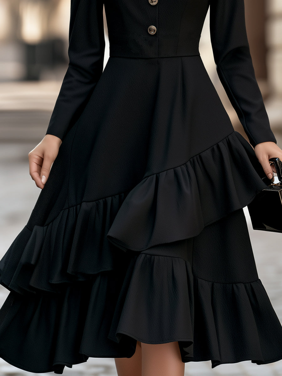 Robe Zafren noire boutonnée à volants étagés