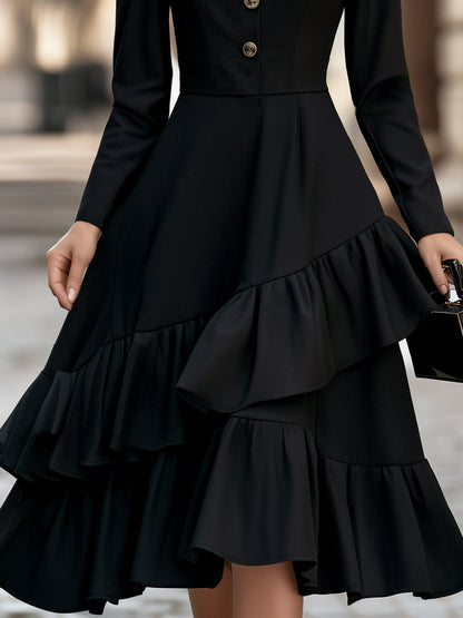 Robe Zafren noire boutonnée à volants étagés