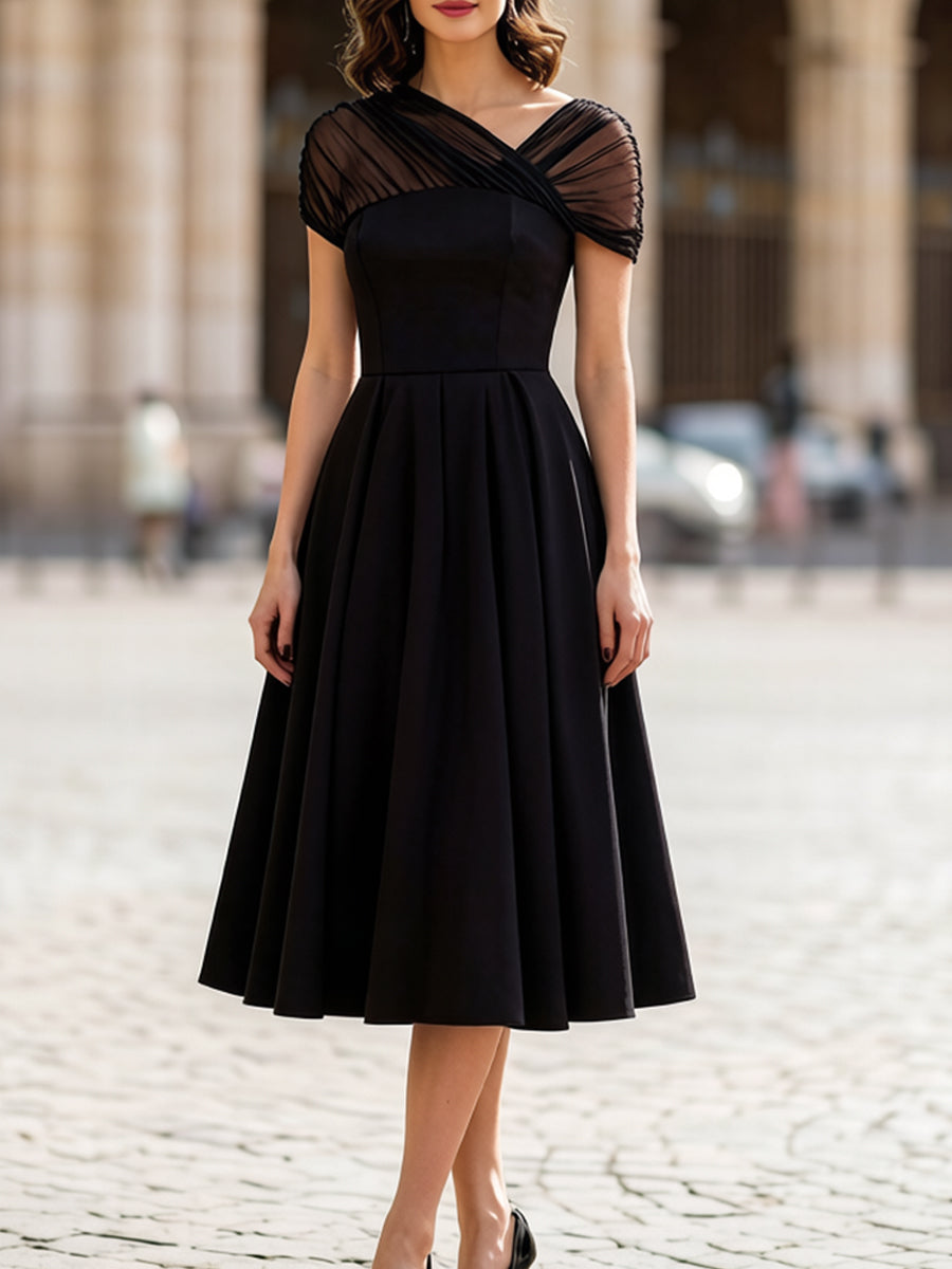 Robe Zafren noire en tulle à manches courtes