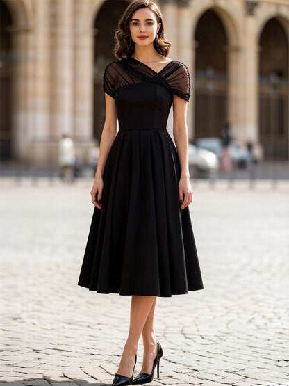 Robe Zafren noire en tulle à manches courtes