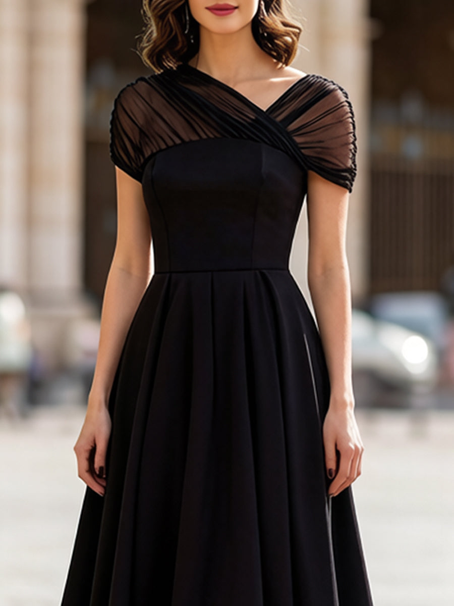 Robe Zafren noire en tulle à manches courtes