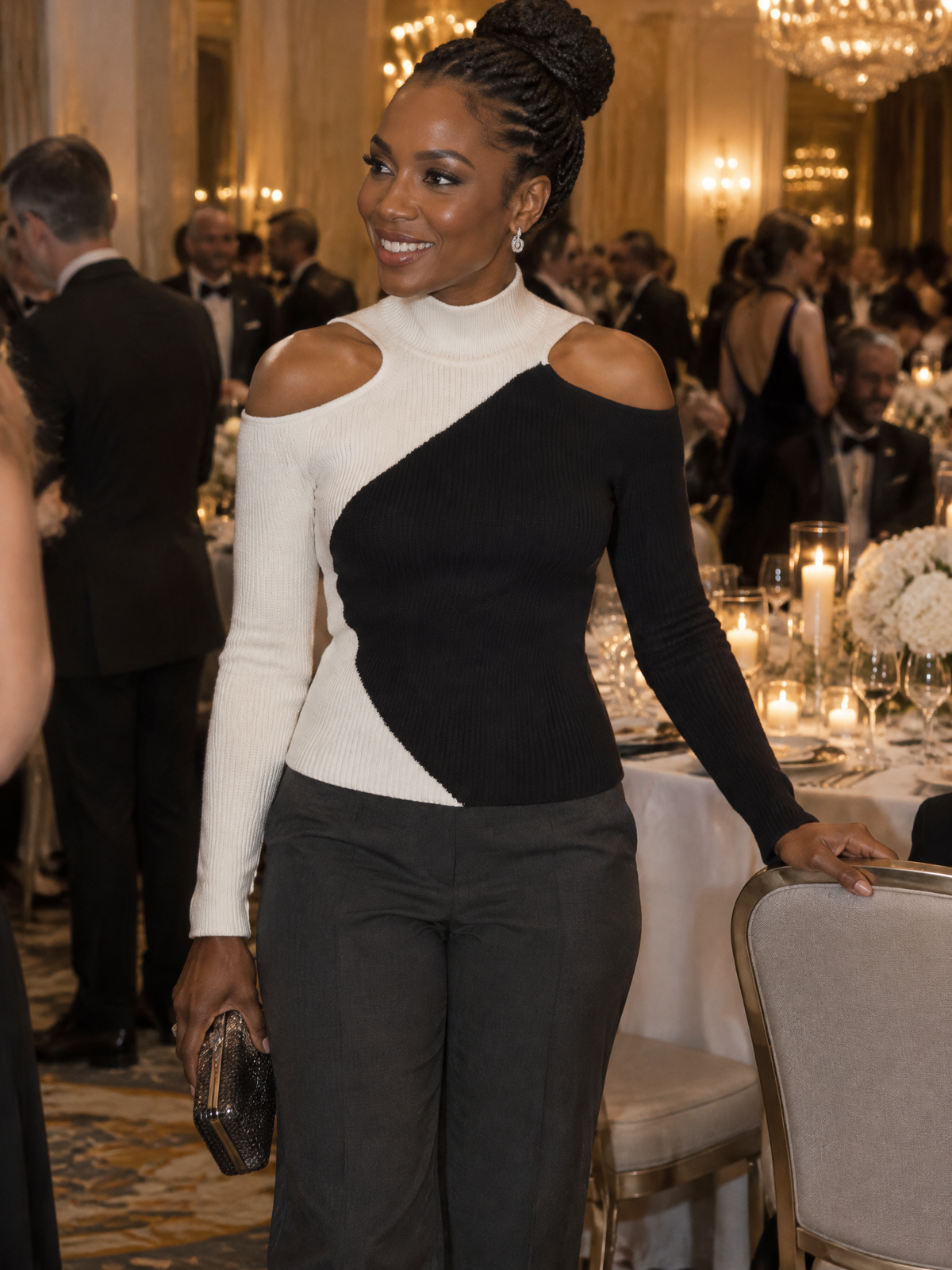 Maglione Zafren bianco e nero con spalle scoperte