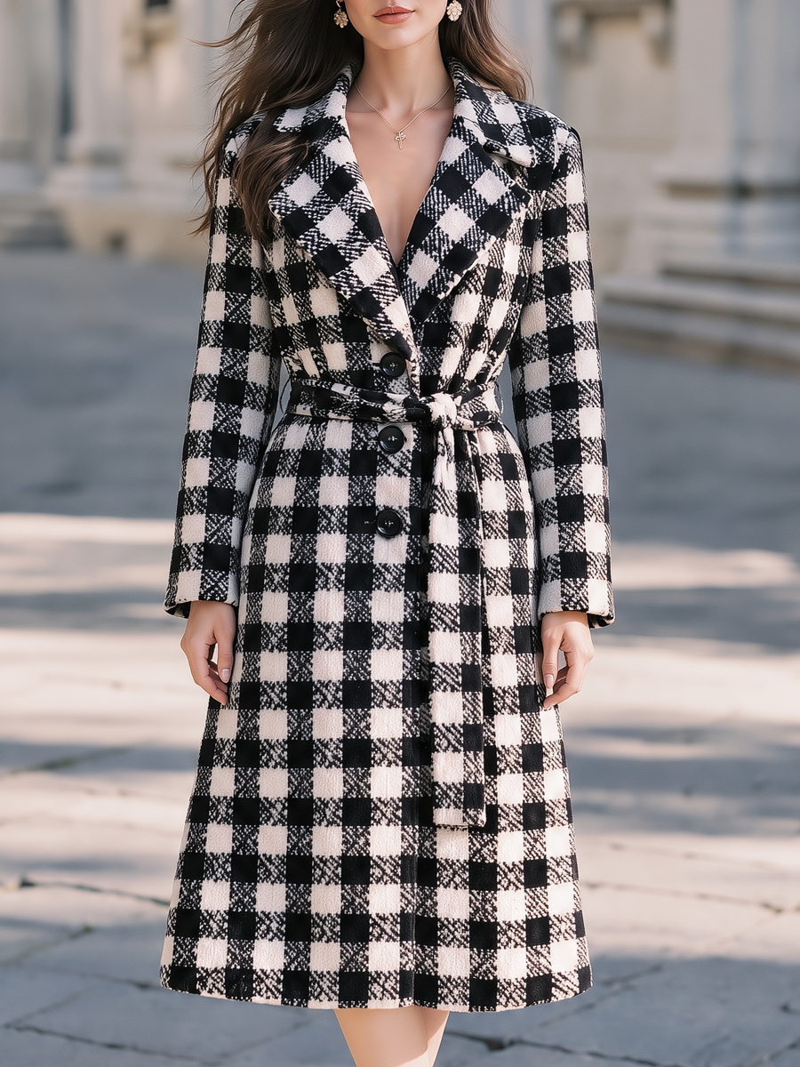 Cappotto Zafren nero e bianco a quadretti Vichy con cintura