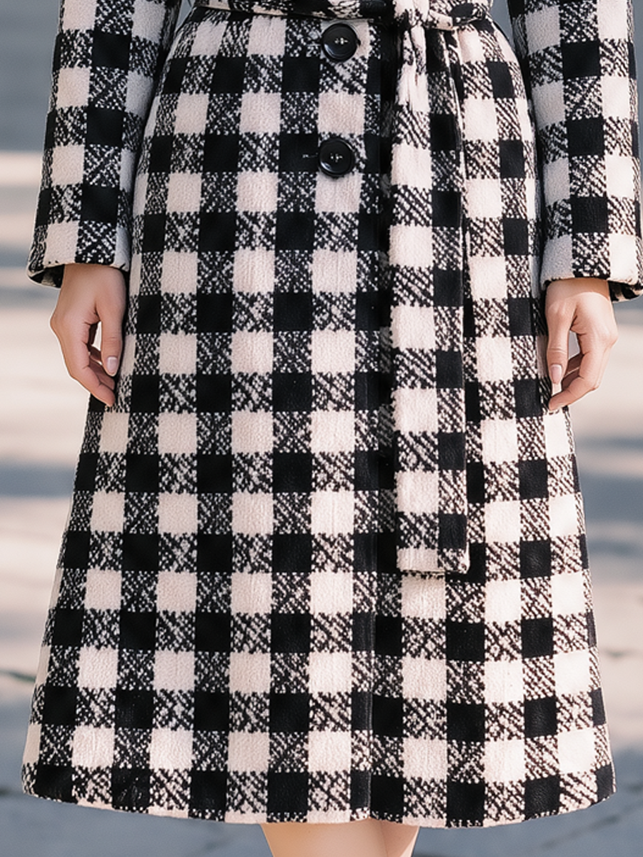 Cappotto Zafren nero e bianco a quadretti Vichy con cintura