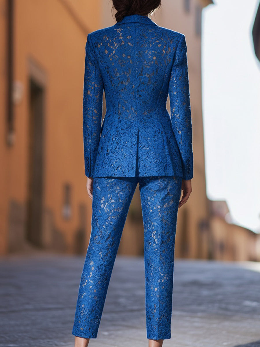 Completo pantalone Zafren blu con pizzo floreale