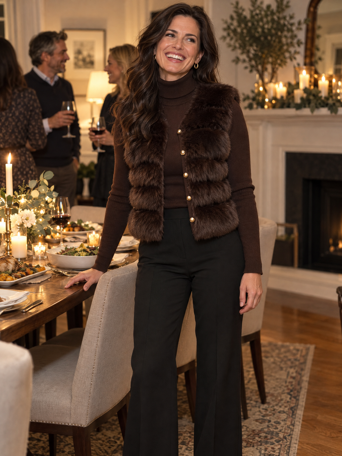 Completo Zafren marrone con gilet in pelliccia sintetica