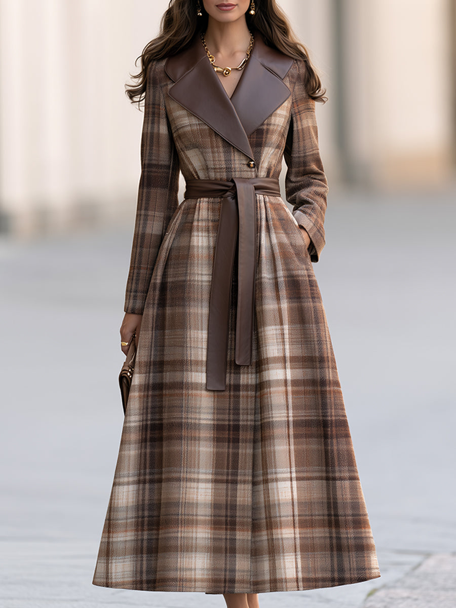 Cappotto maxi Zafren a quadri marroni con cintura