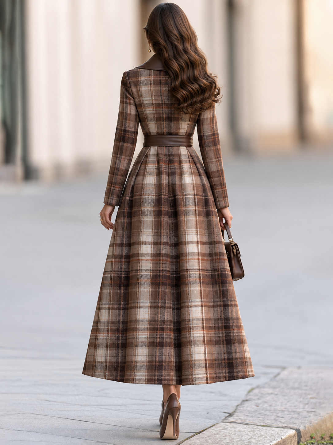 Cappotto maxi Zafren a quadri marroni con cintura