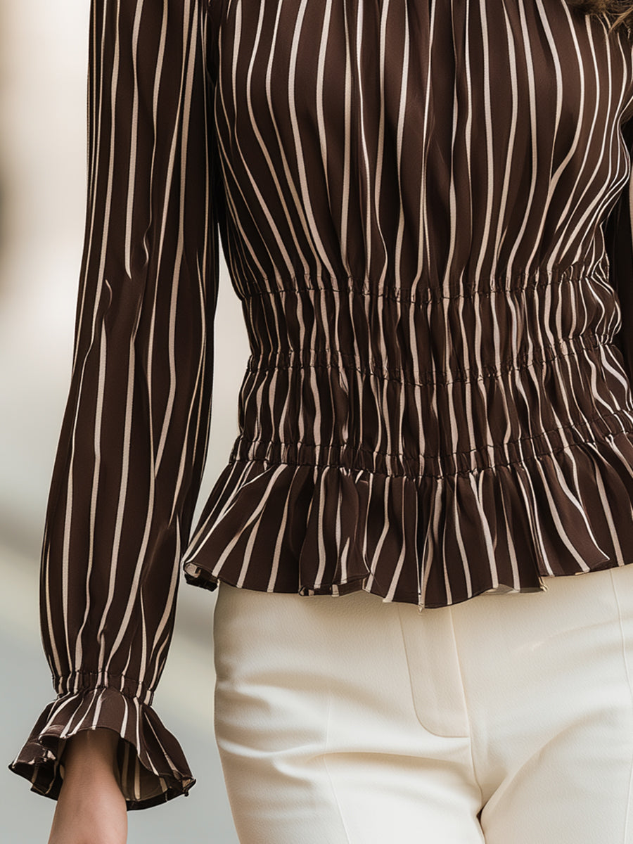 Blouse Zafren marron rayée, smockée et à basque