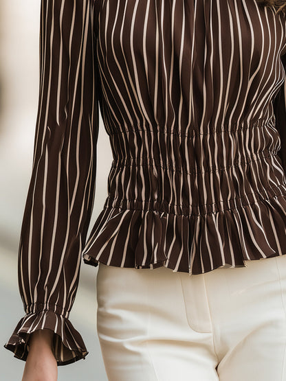 Blouse Zafren marron rayée, smockée et à basque