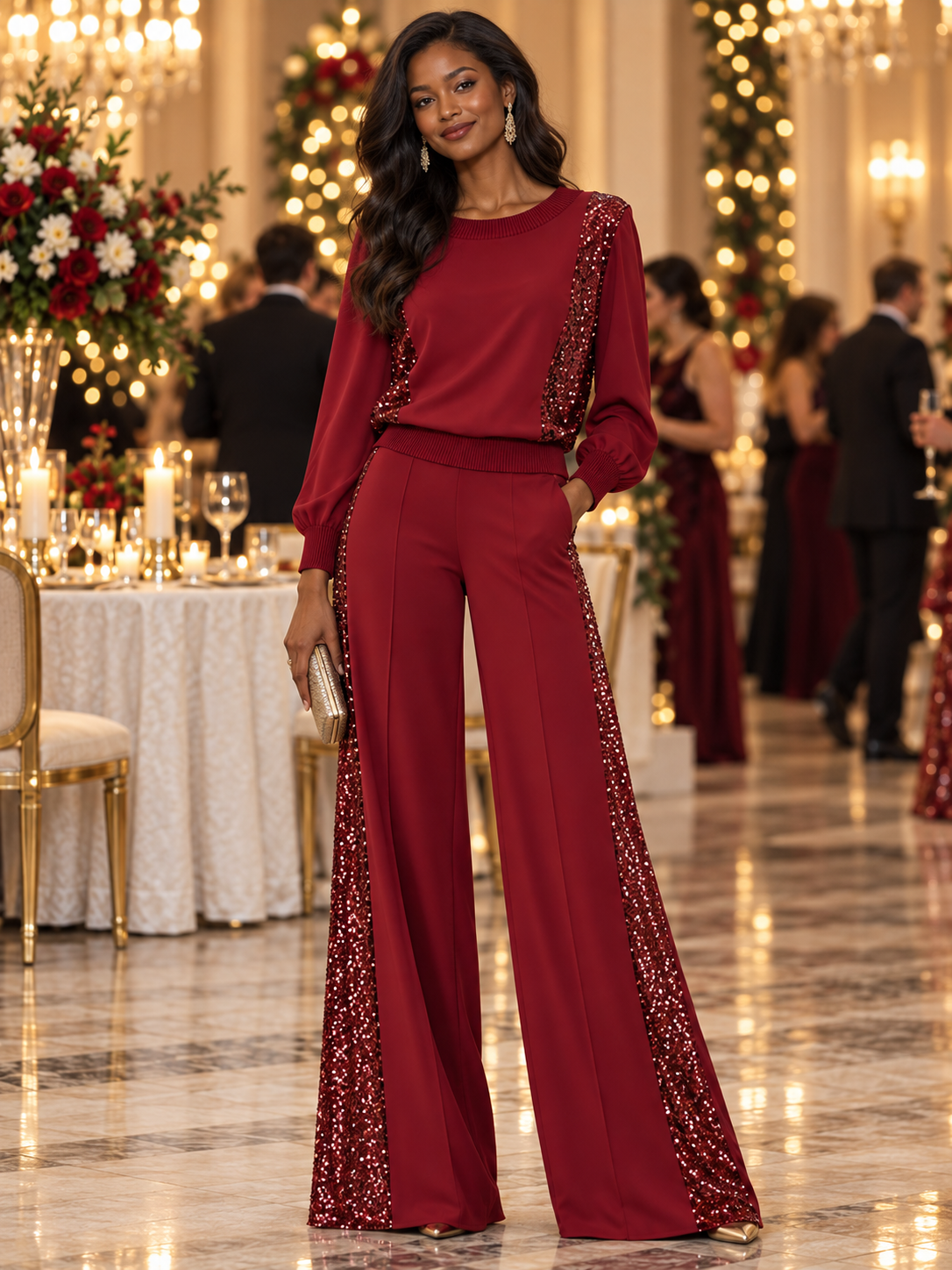 Completo pantaloni Zafren bordeaux con inserti di paillettes