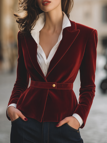 Blazer con peplum e cintura in velluto bordeaux Zafren