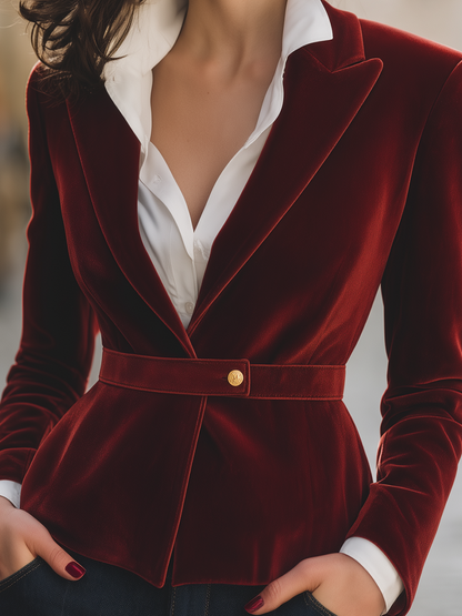 Blazer con peplum e cintura in velluto bordeaux Zafren