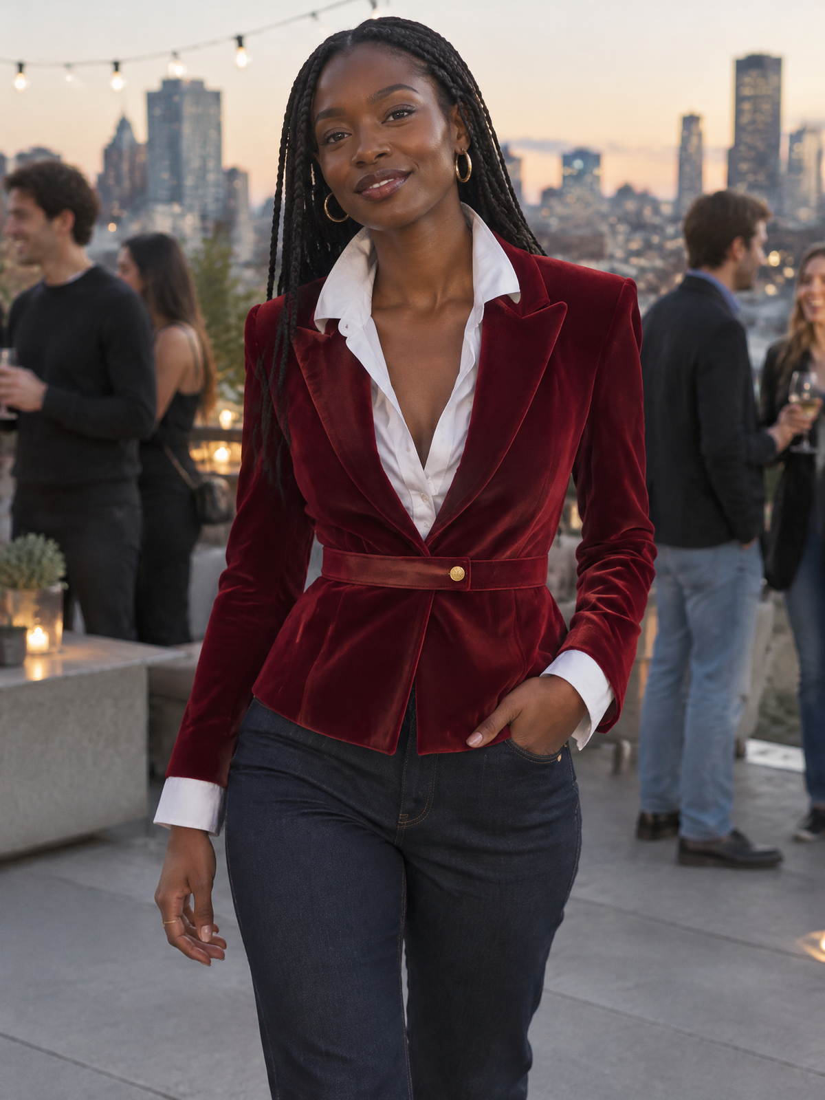 Blazer con peplum e cintura in velluto bordeaux Zafren