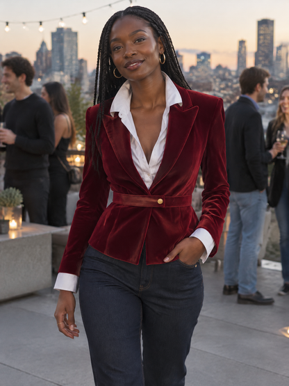 Blazer con peplum e cintura in velluto bordeaux Zafren