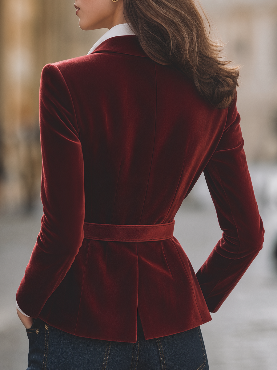 Blazer con peplum e cintura in velluto bordeaux Zafren