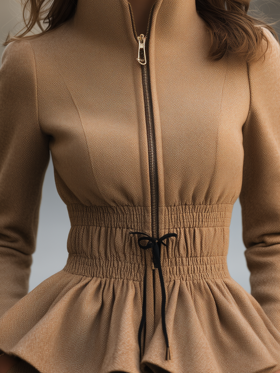 Giacca Zafren color cammello con zip frontale e peplo