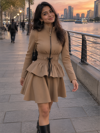 Giacca Zafren color cammello con zip frontale e peplo