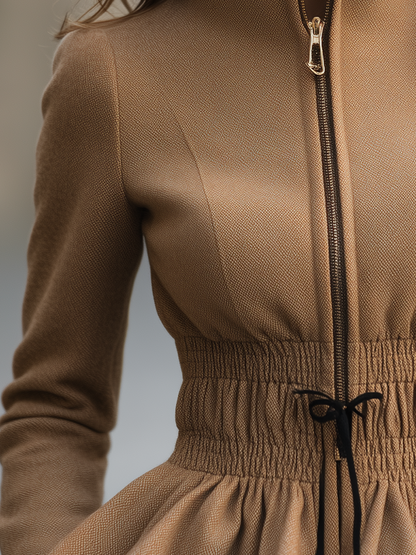 Giacca Zafren color cammello con zip frontale e peplo