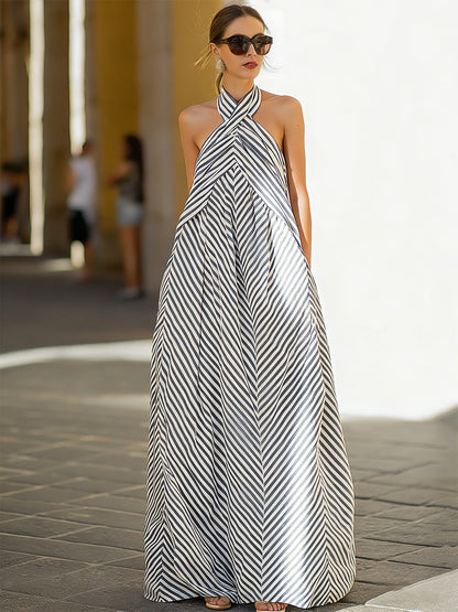 Robe longue à rayures chevron et encolure tour de cou Zafren