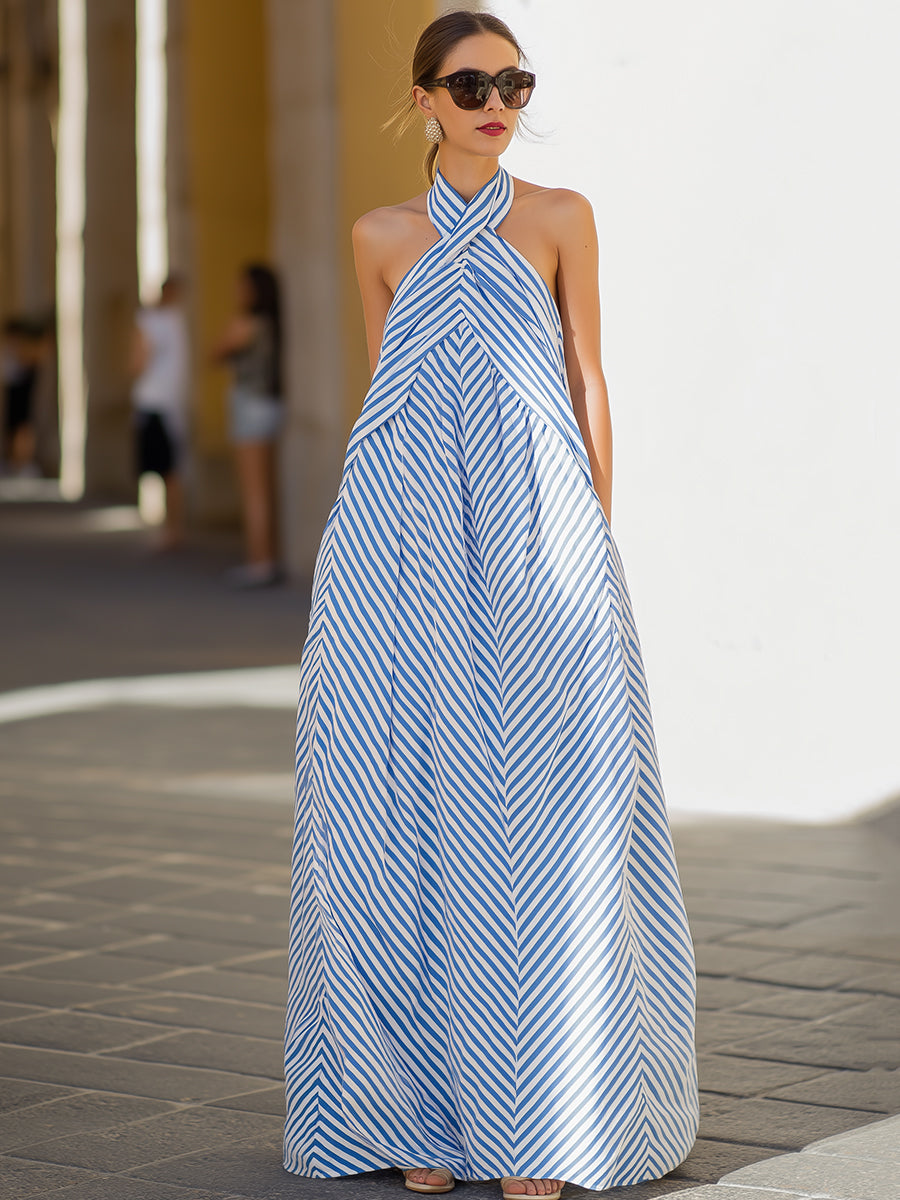 Robe longue à rayures chevron et encolure tour de cou Zafren