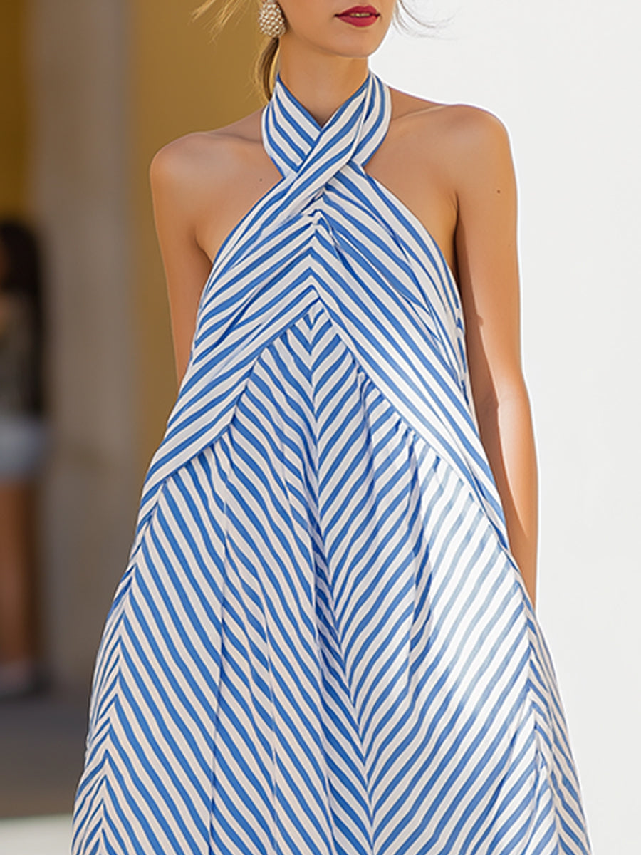 Robe longue à rayures chevron et encolure tour de cou Zafren