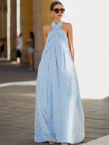 Robe longue à rayures chevron et encolure tour de cou Zafren