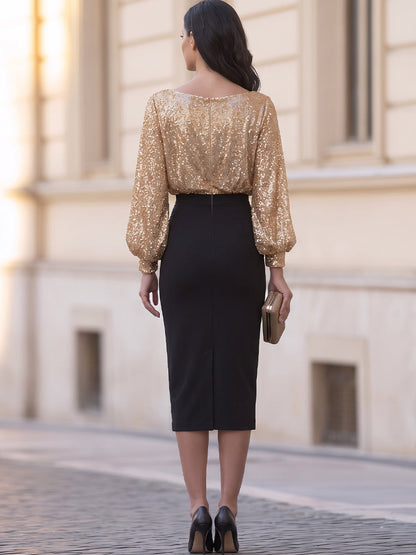 Robe midi Zafren dorée à sequins et col bateau