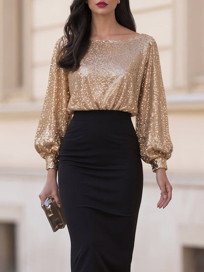 Robe midi Zafren dorée à sequins et col bateau
