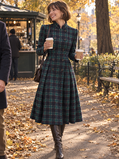 Cappotto midi Zafren verde a quadri, svasato