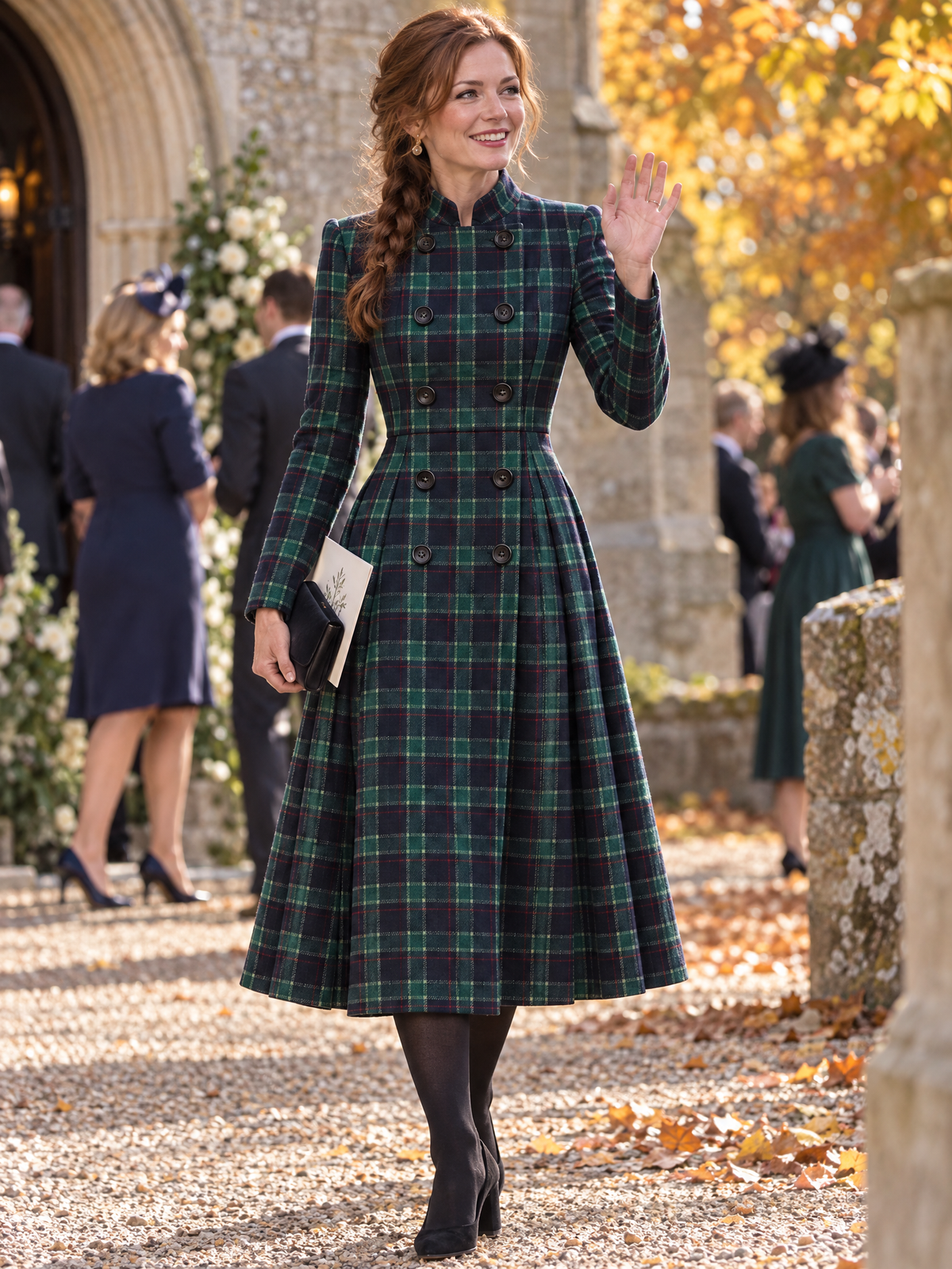 Cappotto midi Zafren verde a quadri, svasato