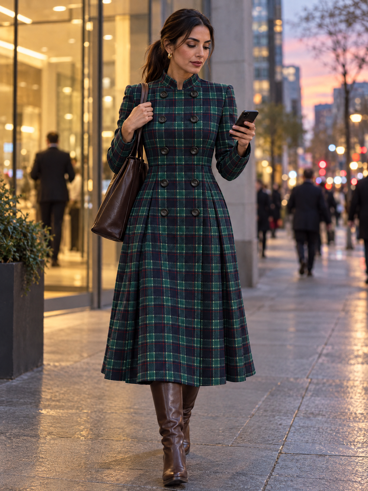 Cappotto midi Zafren verde a quadri, svasato