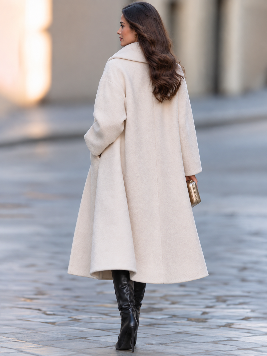 Cappotto Zafren oversize color avorio con collo a scialle
